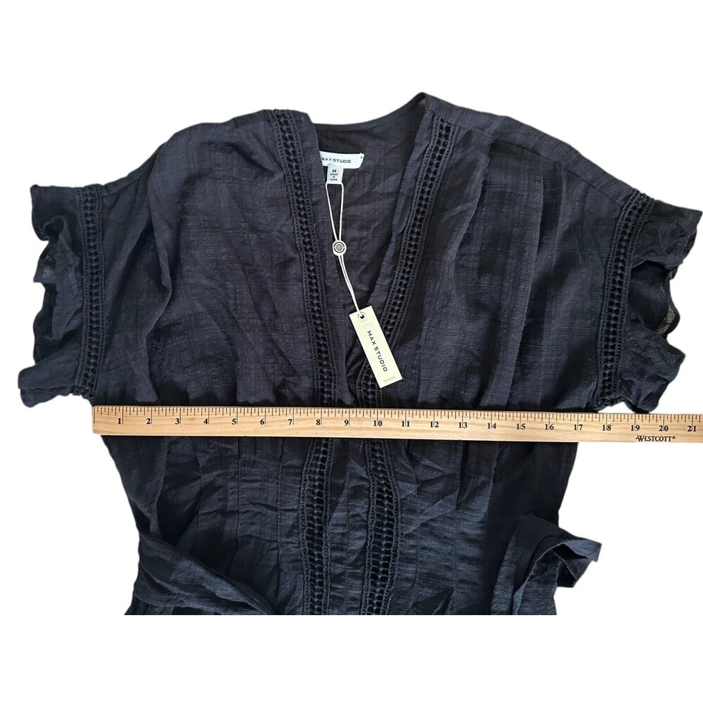 Max Studio Women's Short Sleeve Blouse Top w/ Tie Belt V-Neck Sheer Size M Black - Picture 8 of 9